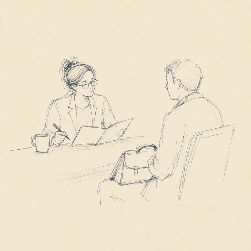 Ilustrație: psiholog analizând un document împreună cu un client cu servietă
