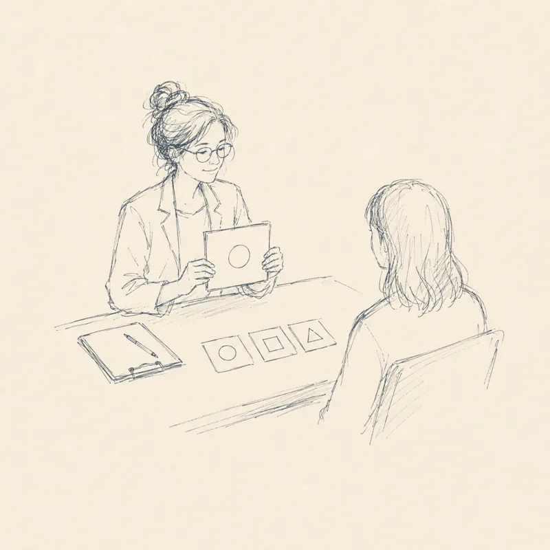 Ilustrație: psiholog prezentând carduri de testare unui client, la birou