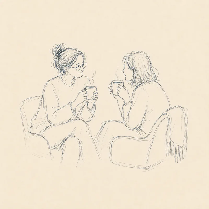 Ilustrație: două femei stând de vorbă, amândouă cu căni de ceai